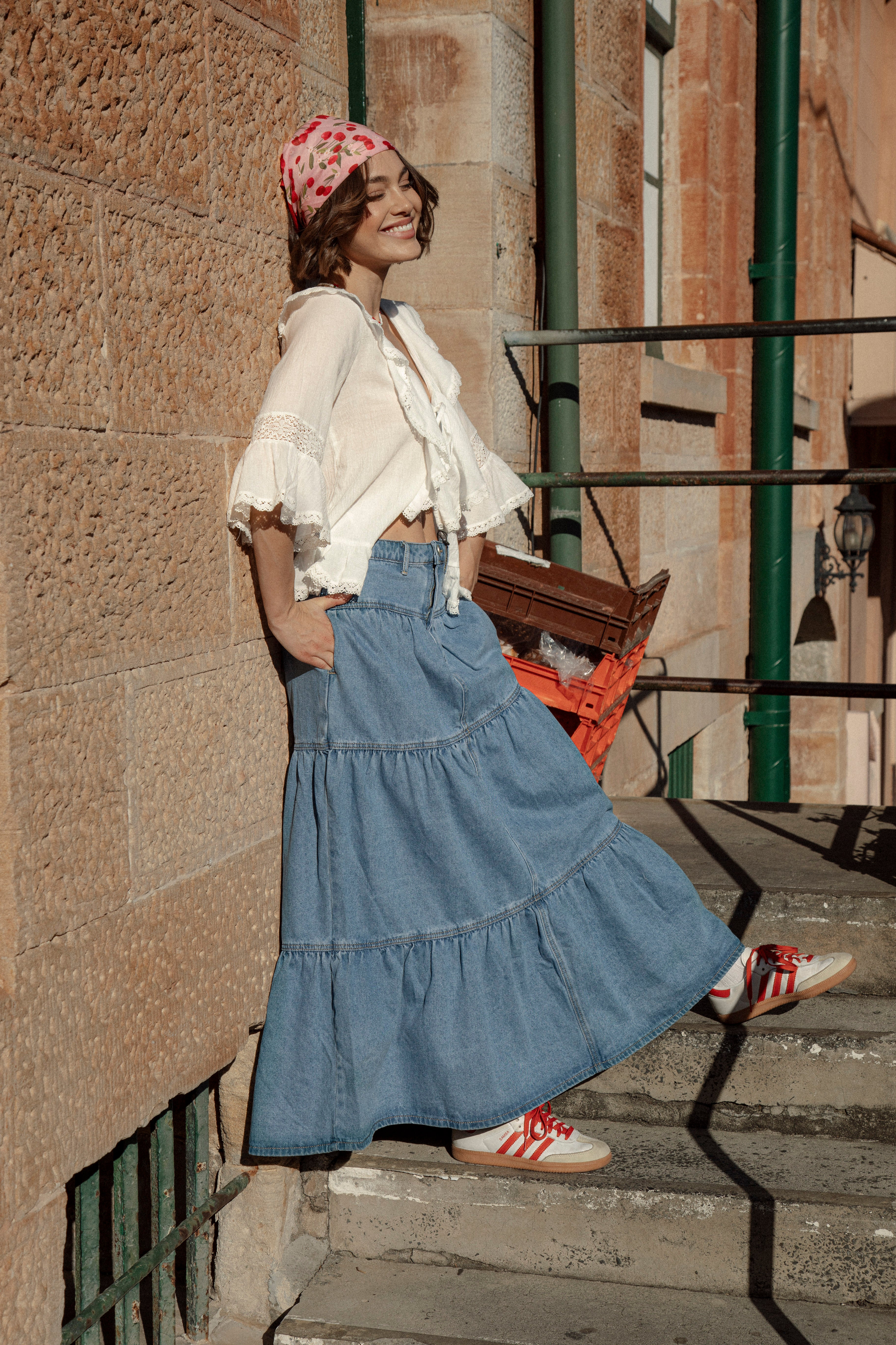 Cherry Denim Maxi Skirt