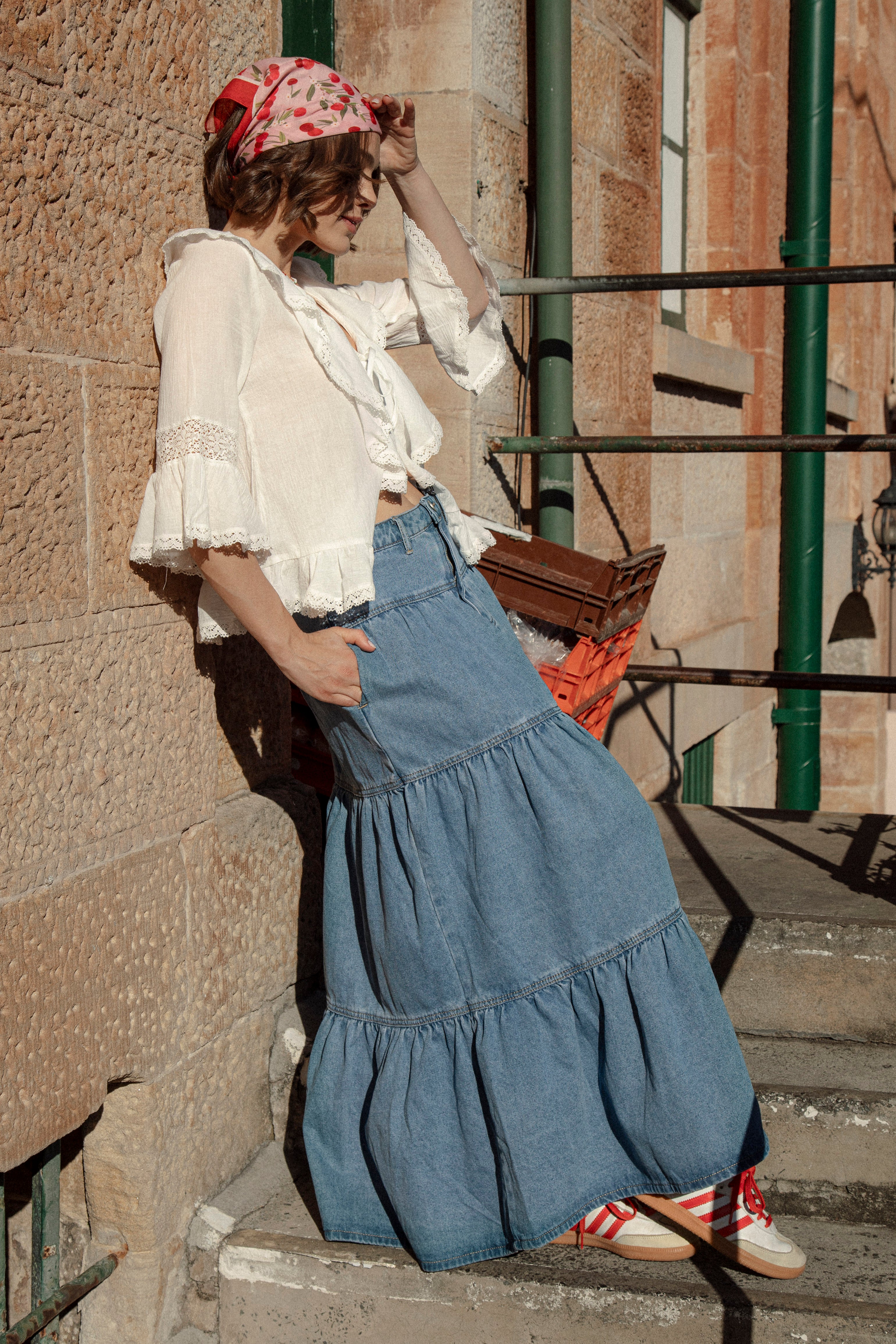 Cherry Denim Maxi Skirt