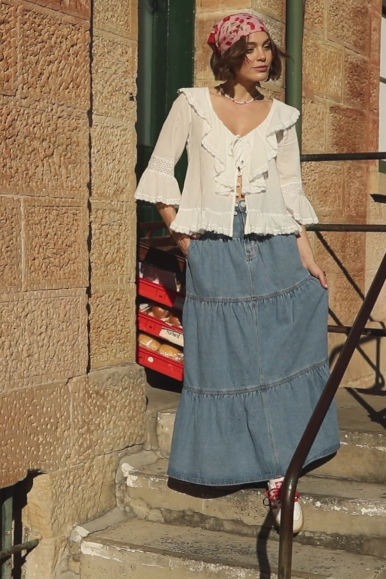 Cherry Denim Maxi Skirt